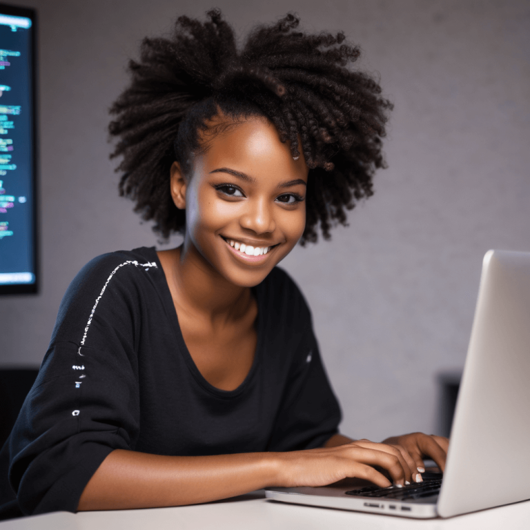 a lady with a laptop in a work station