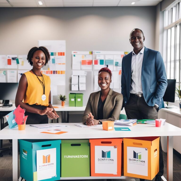 professionals next to a table in a modern office setting